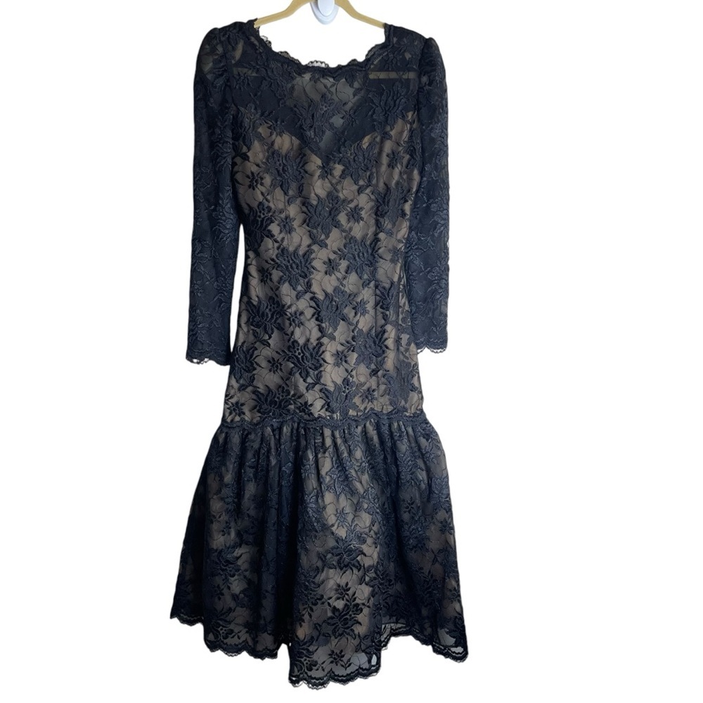 Vintage Victor Costa Black Floral Lace Long Sleeve Drop Waist Fitted Gown XS